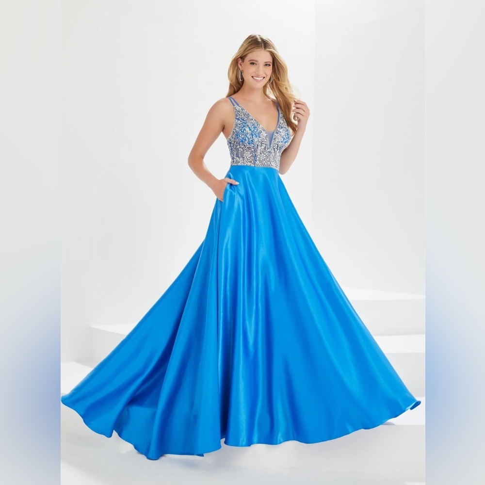 Tiffany Designs Blue and Silver Prom Dress